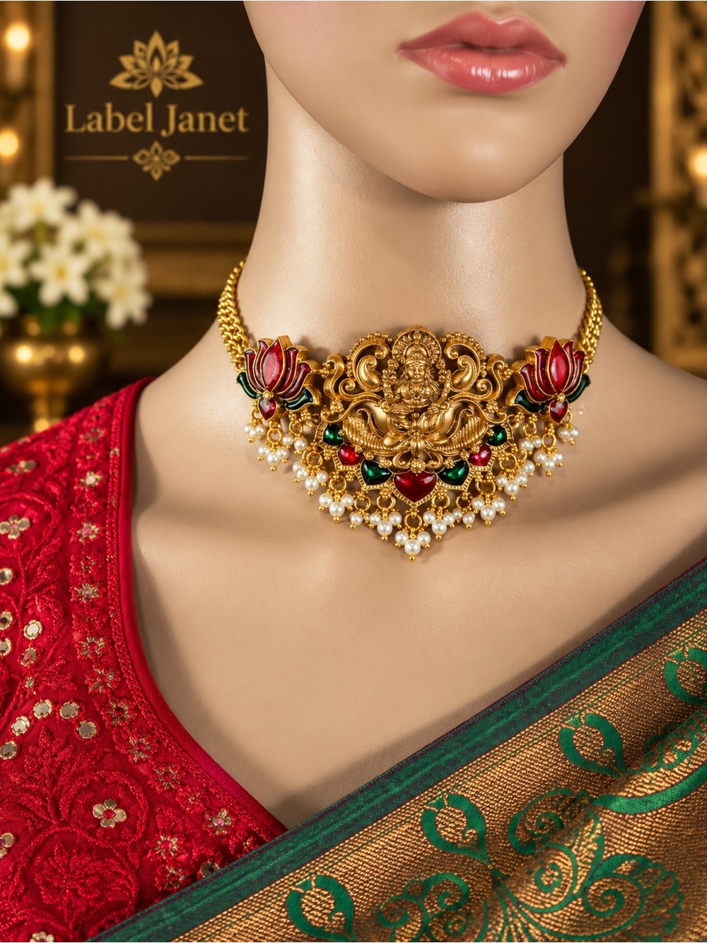 Gold-Tone Red & Green Temple Necklace Set for Women